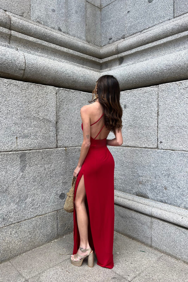 LONG ASYMMETRICAL RED DRESS