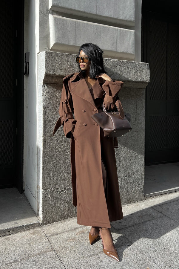 LONG CHOCOLATE BROWN TRENCH COAT - KAOÂ