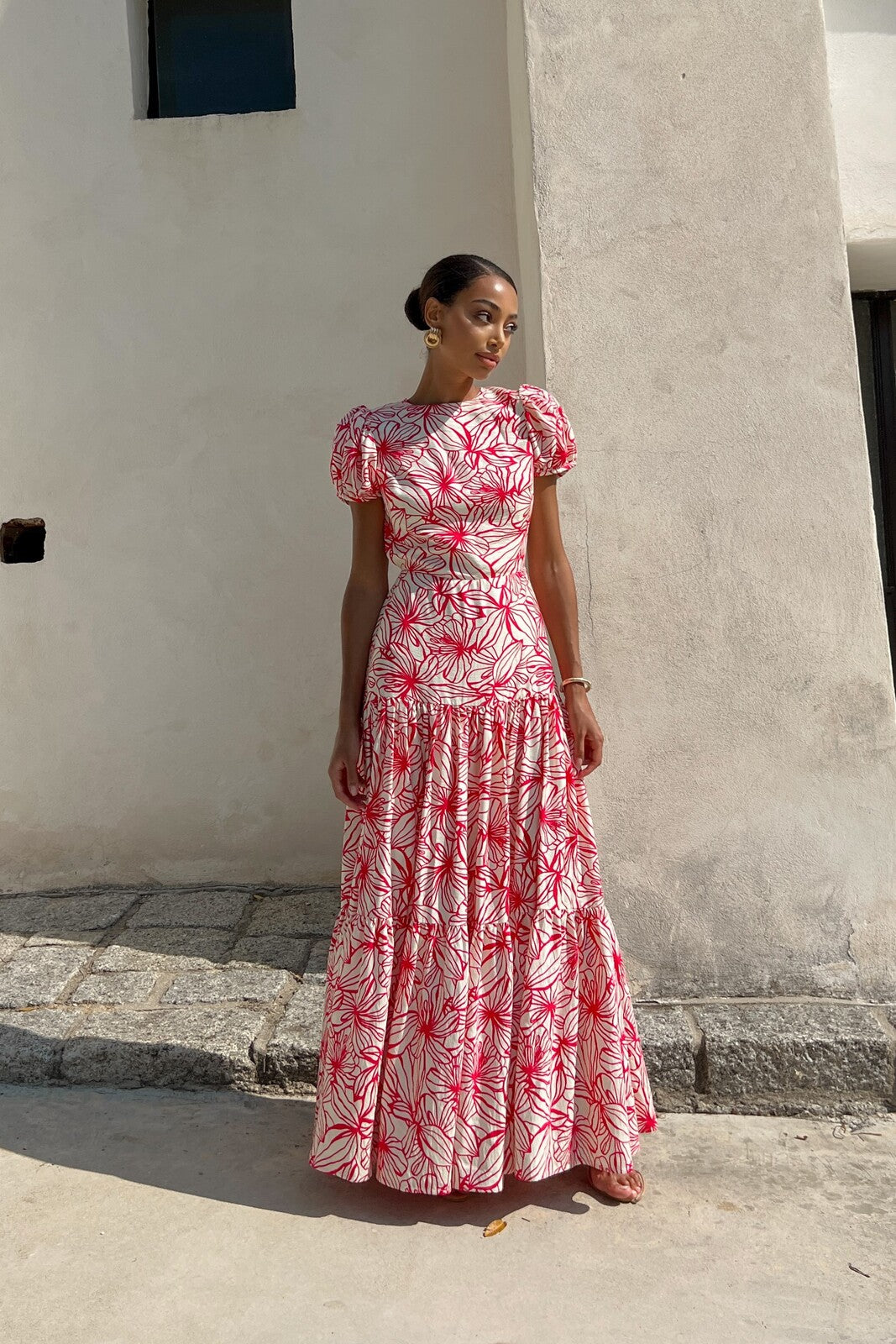 LONG PINK FLORAL PRINTED DRESS