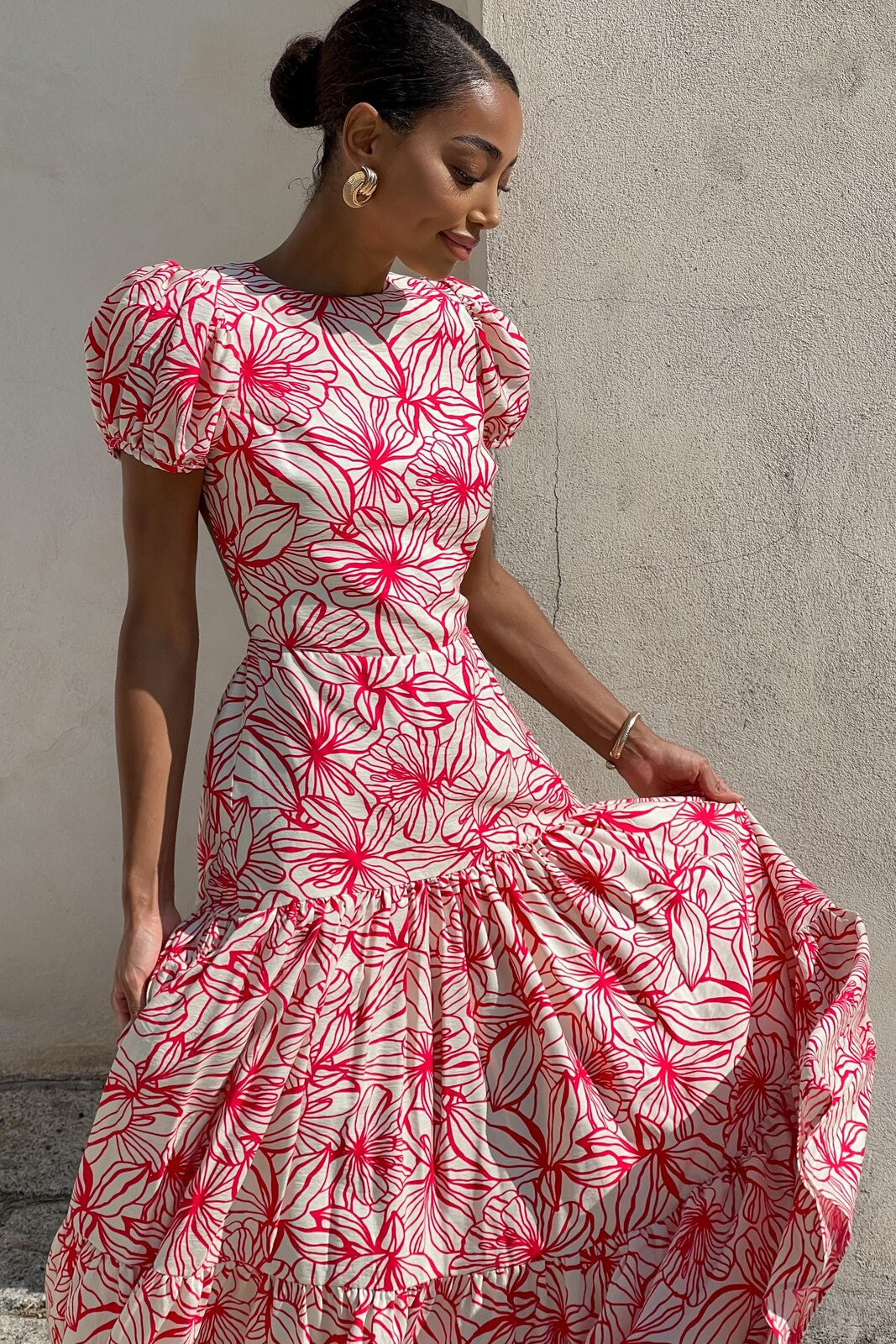LONG PINK FLORAL PRINTED DRESS