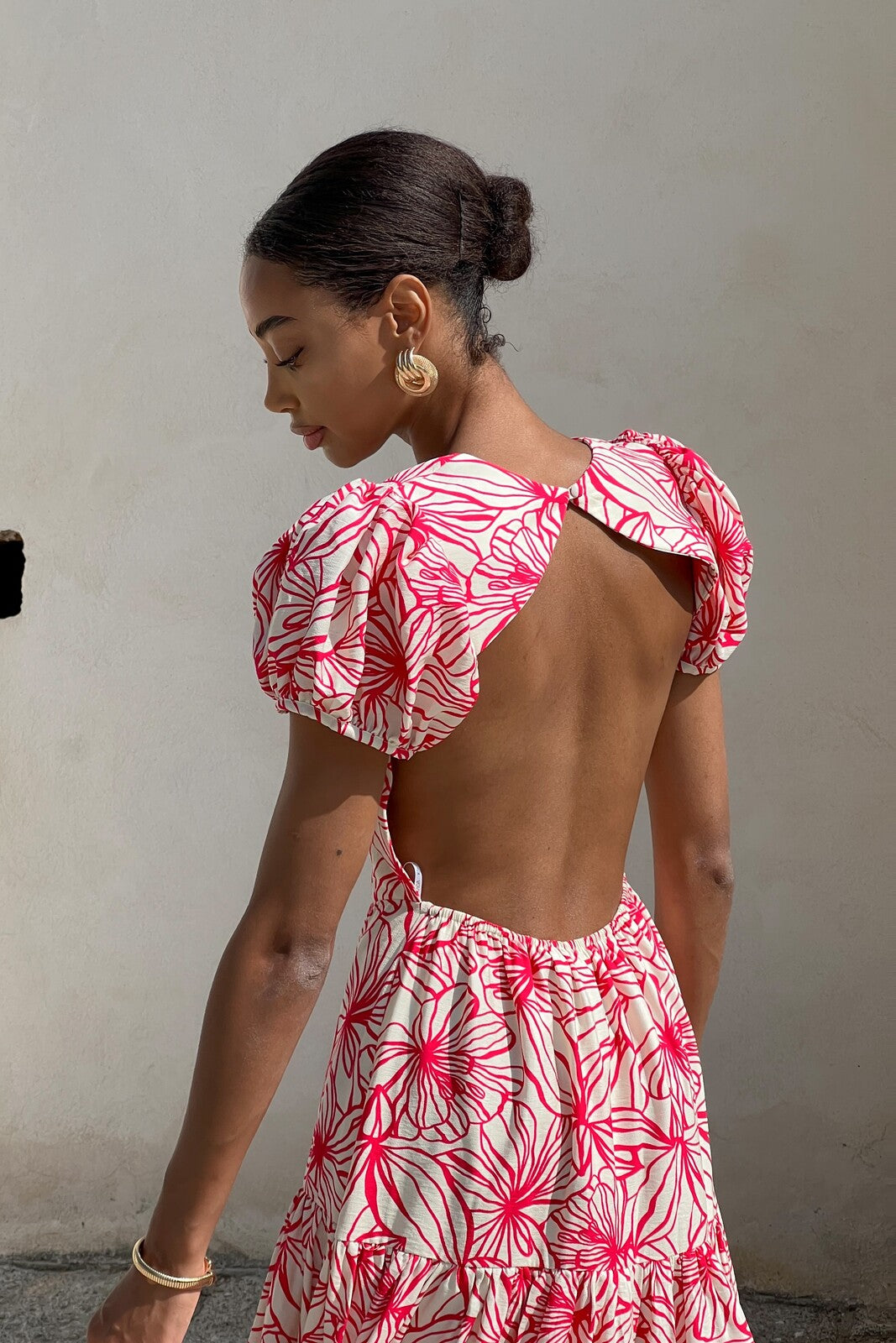 LONG PINK FLORAL PRINTED DRESS