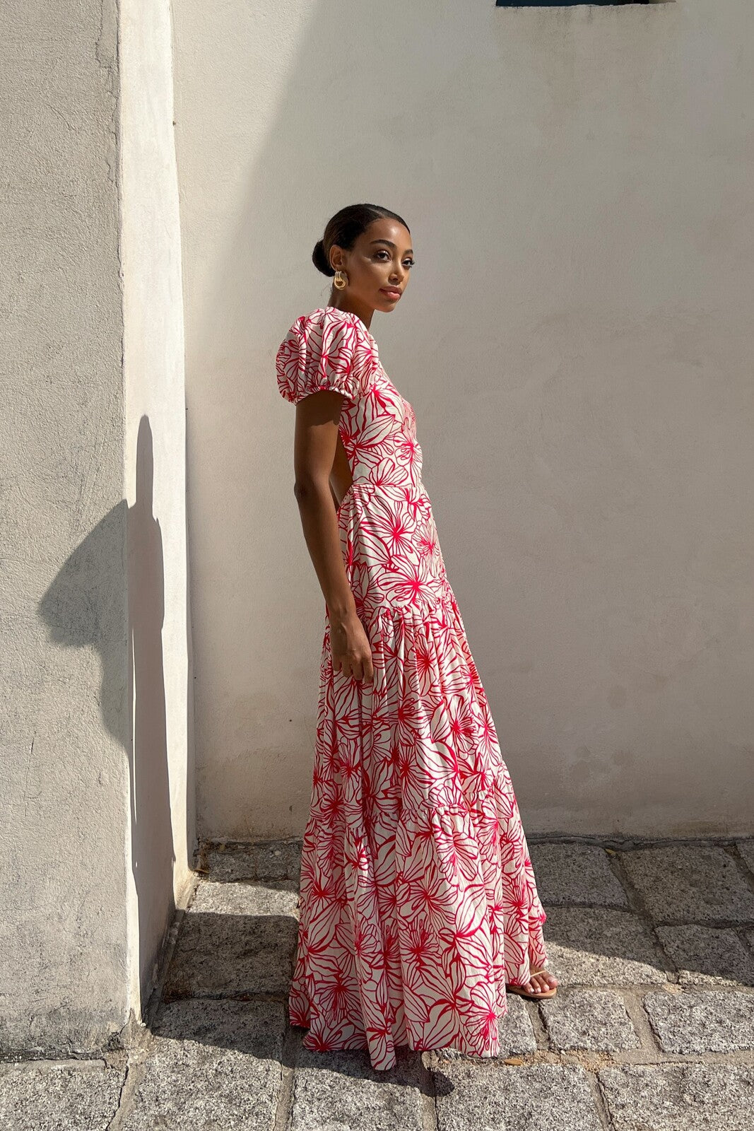 LONG PINK FLORAL PRINTED DRESS