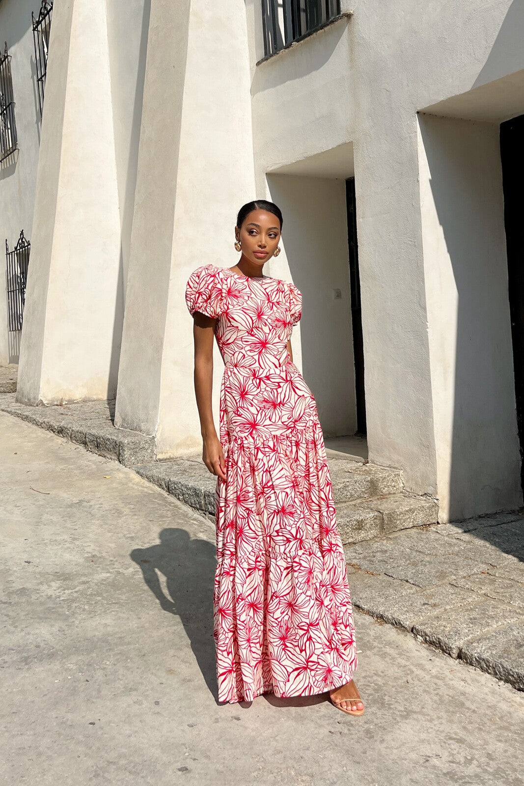 LONG PINK FLORAL PRINTED DRESS