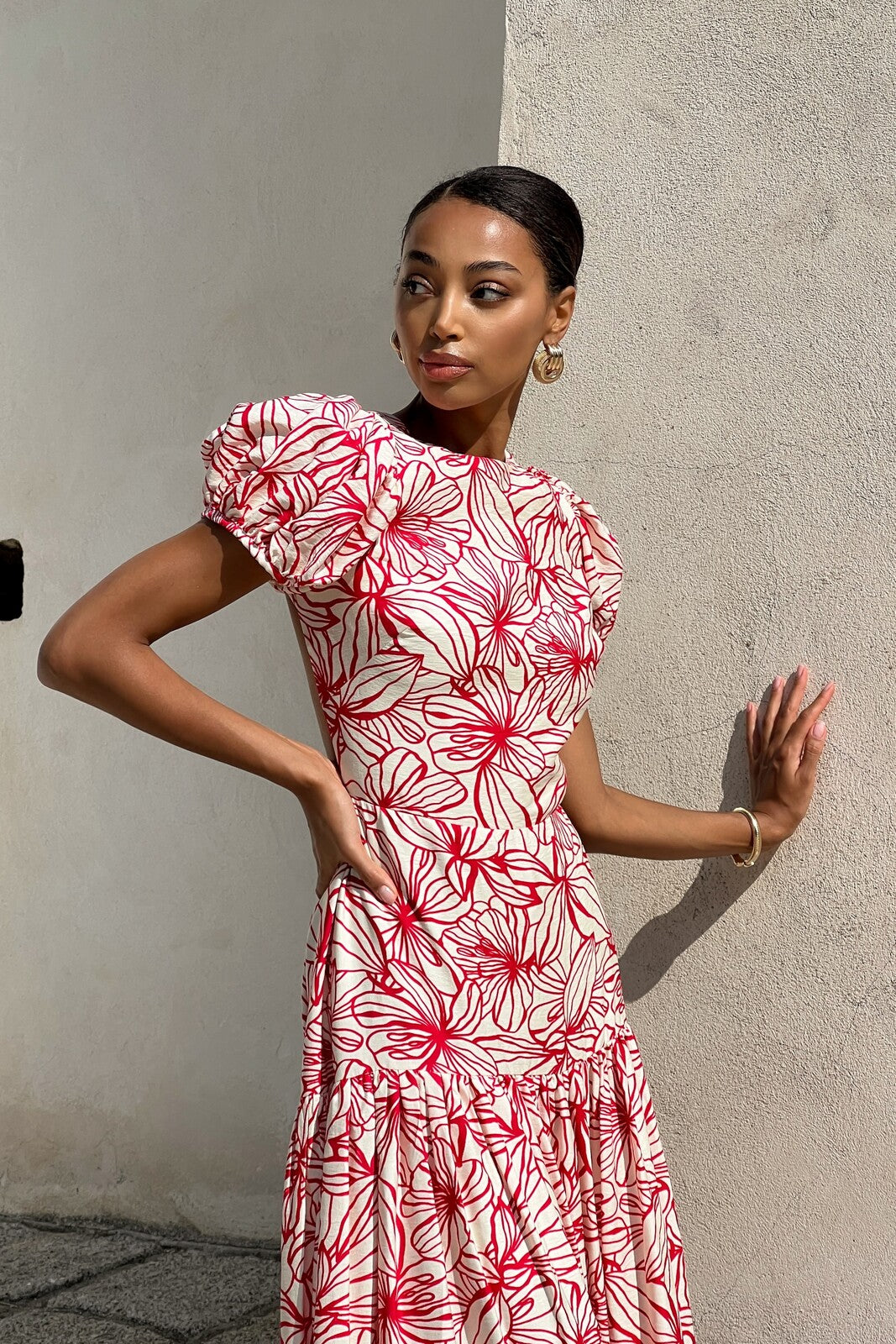 LONG PINK FLORAL PRINTED DRESS