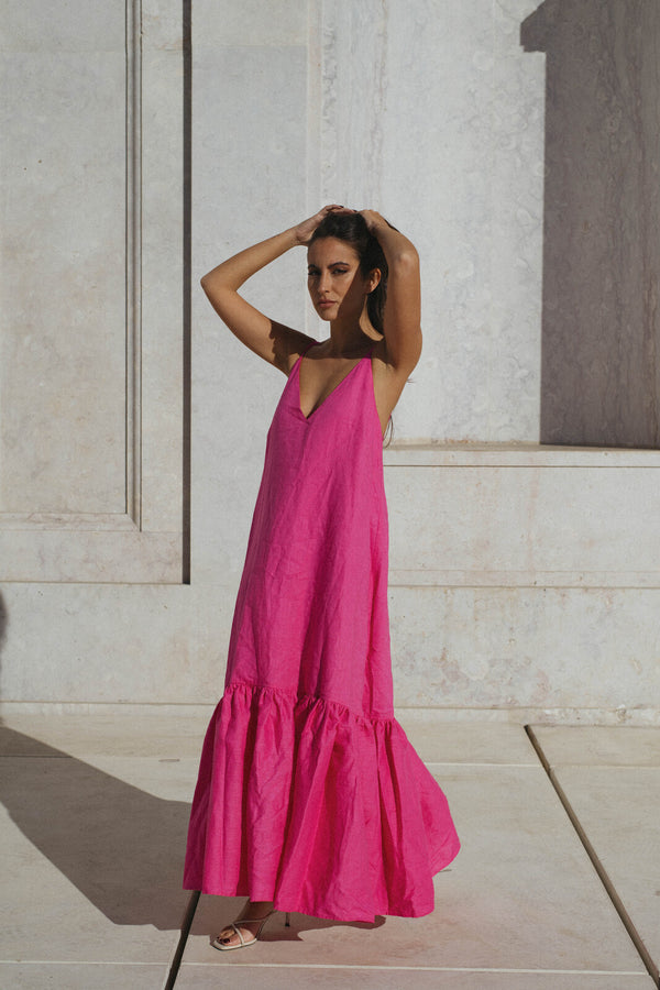PINK LINEN DRESS WITH FRILLS - KAO PINK LINEN DRESS WITH FRILLS - KAO