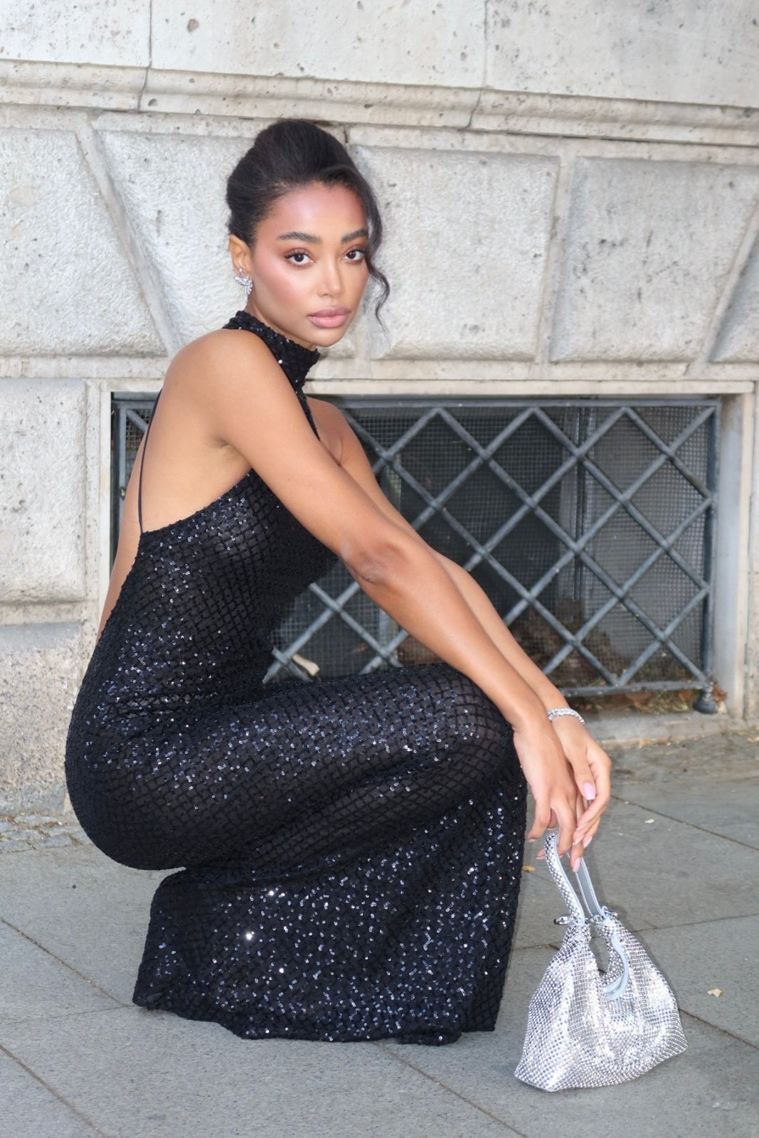 LONG BLACK DRESS WITH SEQUINS - KAO LONG BLACK DRESS WITH SEQUINS - KAO