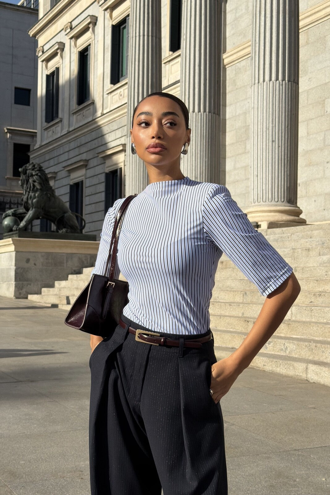 Blue Top with Navy and White Stripes
