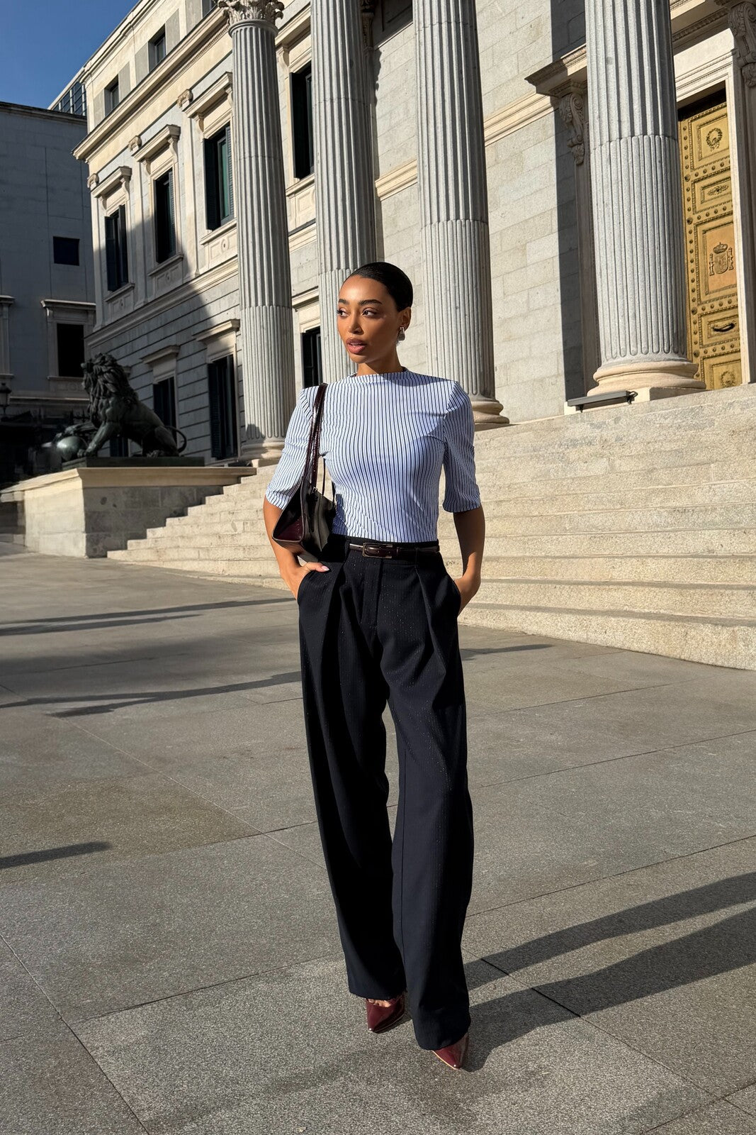 Blue Top with Navy and White Stripes