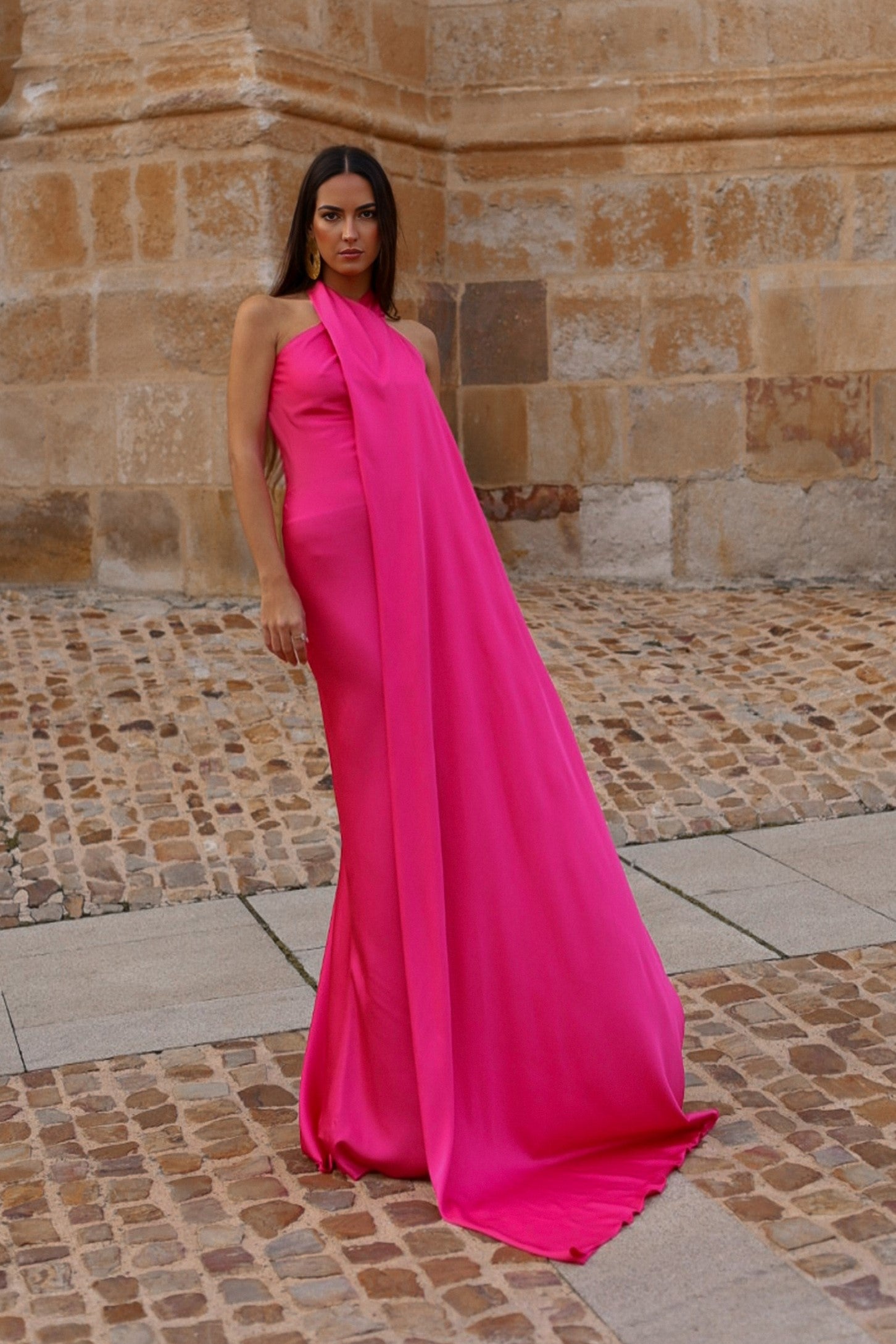 LONG FUCHSIA DRESS WITH CAPE - KAO LONG FUCHSIA DRESS WITH CAPE - KAO