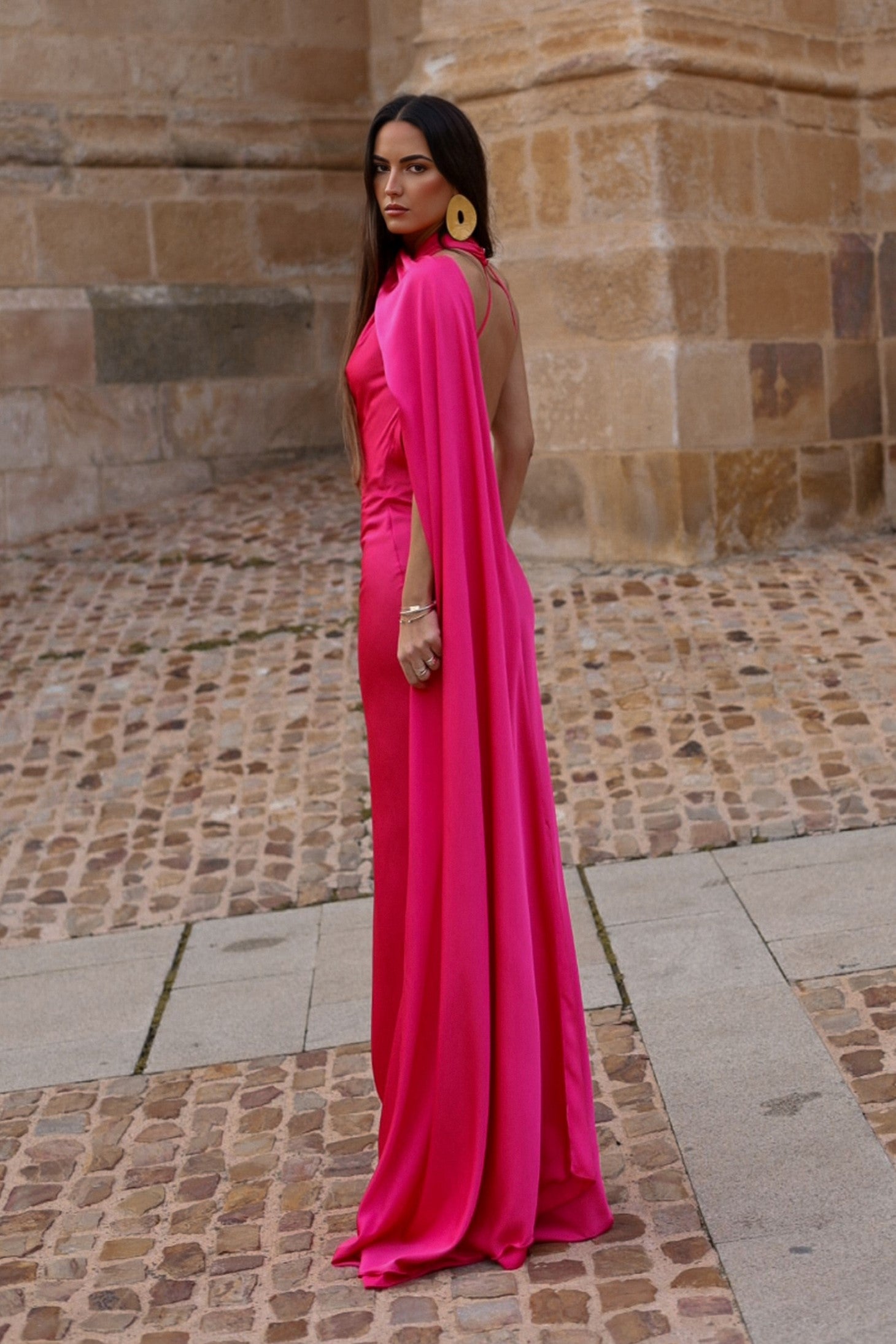 LONG FUCHSIA DRESS WITH CAPE