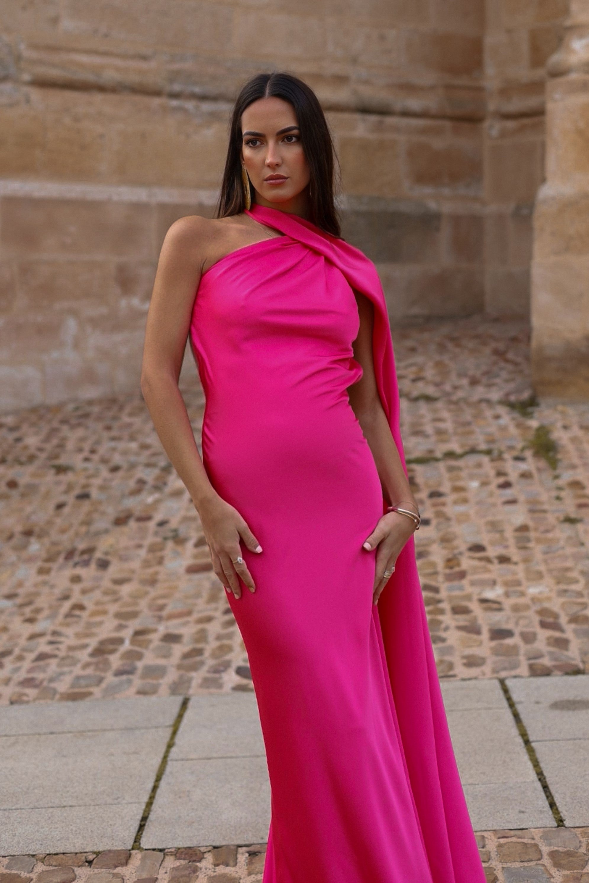 LONG FUCHSIA DRESS WITH CAPE LONG FUCHSIA DRESS WITH CAPE