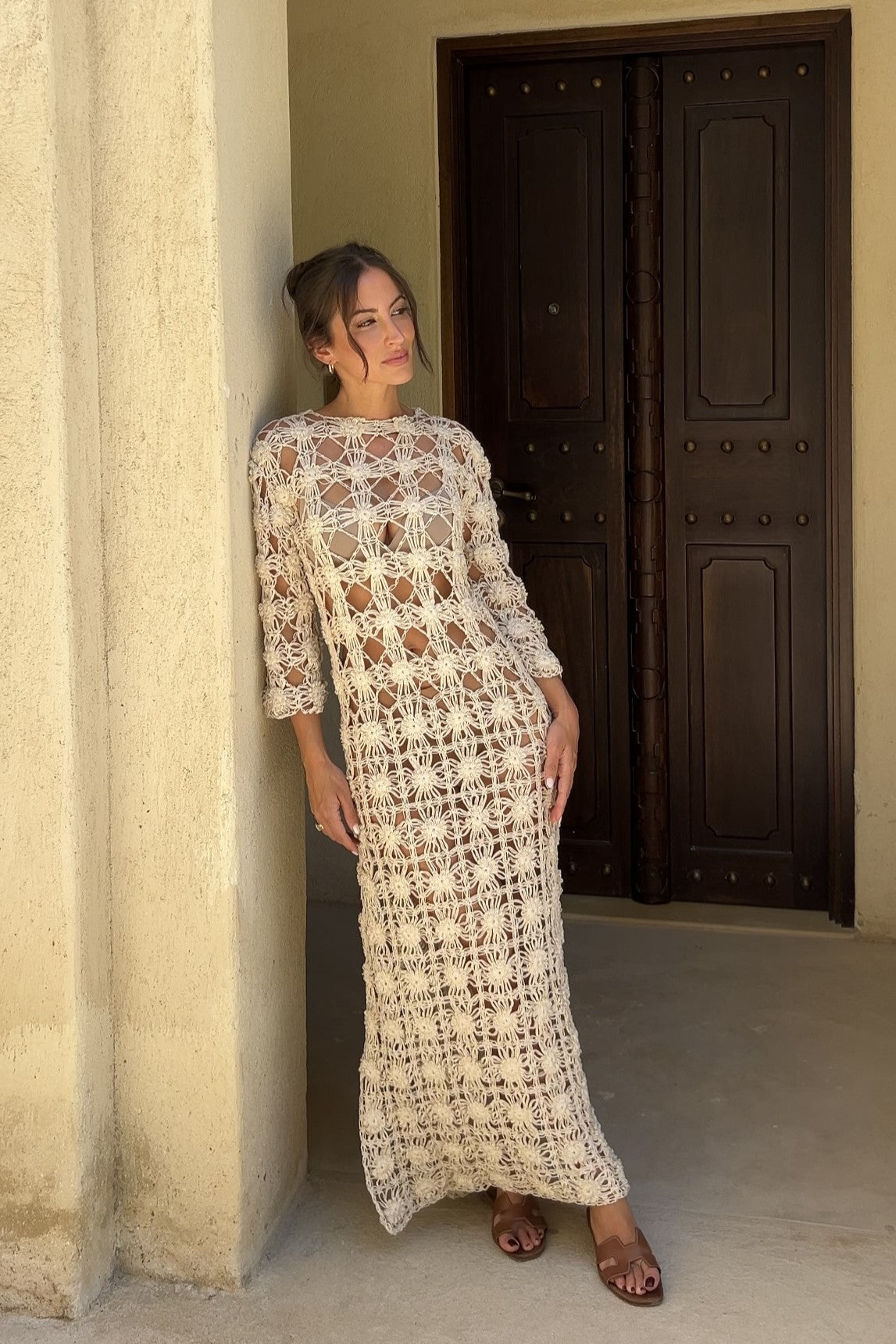 BEIGE HANDMADE LONG DRESS WITH KNITTED FLOWERS