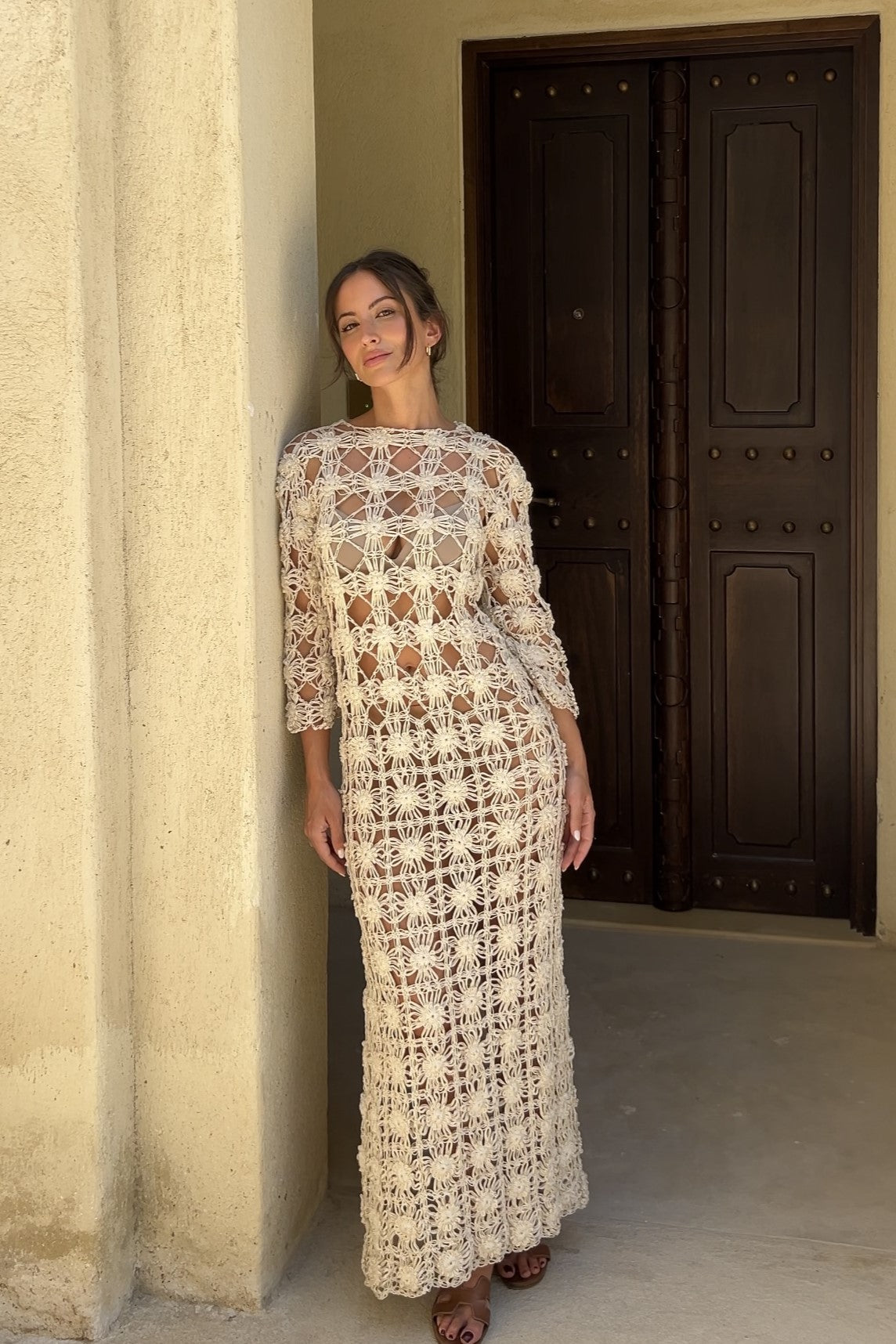 BEIGE HANDMADE LONG DRESS WITH KNITTED FLOWERS