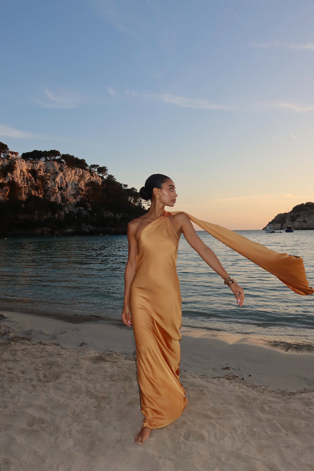 GOLD LONG DRESS WITH SHOULDER EMBELLISHMENT