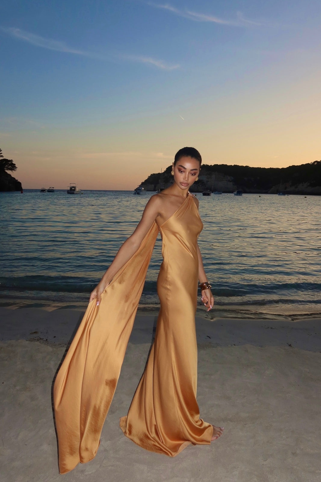 GOLD LONG DRESS WITH SHOULDER EMBELLISHMENT