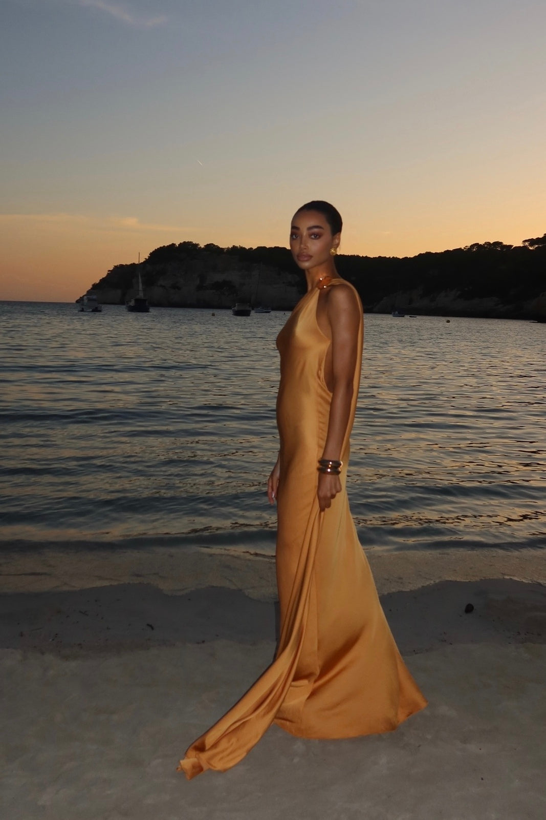 GOLD LONG DRESS WITH SHOULDER EMBELLISHMENT