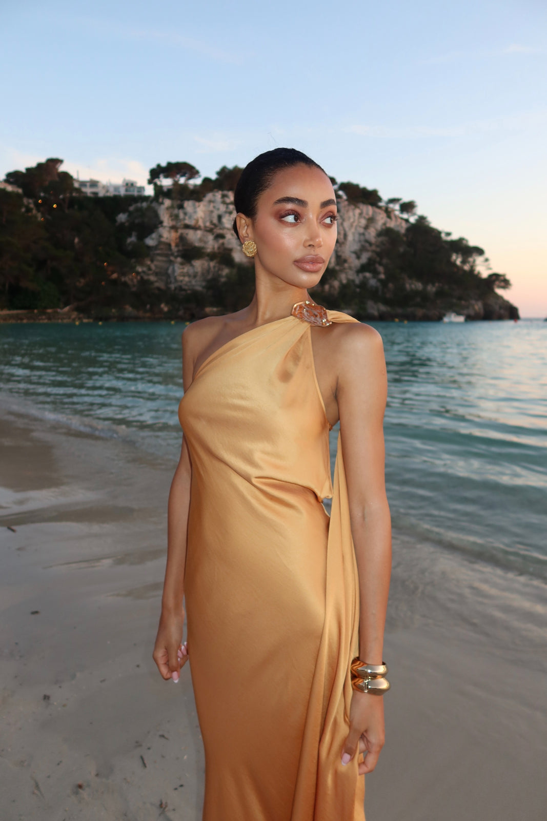 GOLD LONG DRESS WITH SHOULDER EMBELLISHMENT