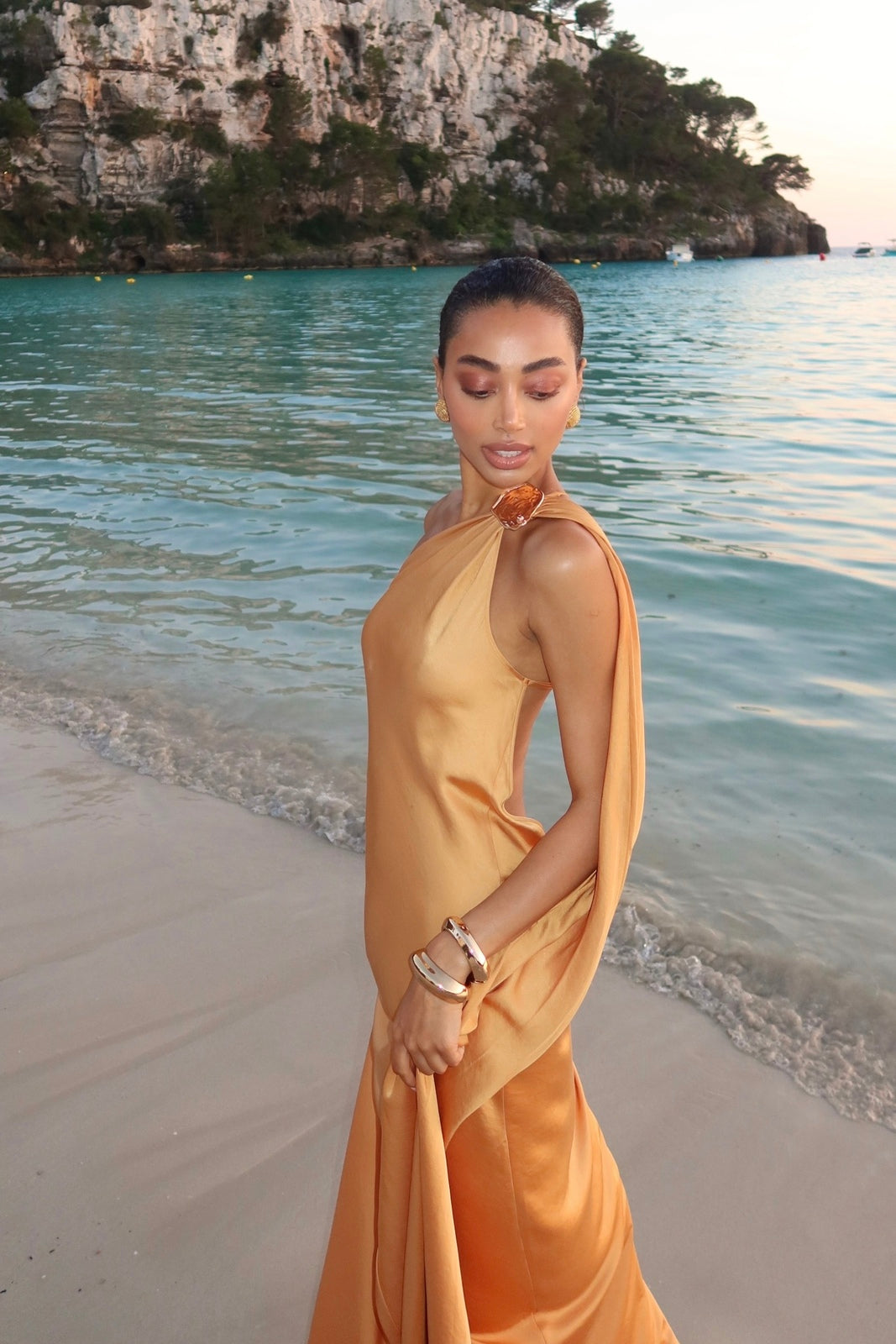 GOLD LONG DRESS WITH SHOULDER EMBELLISHMENT
