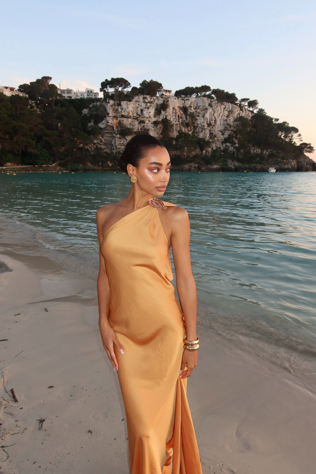 GOLD LONG DRESS WITH SHOULDER EMBELLISHMENT