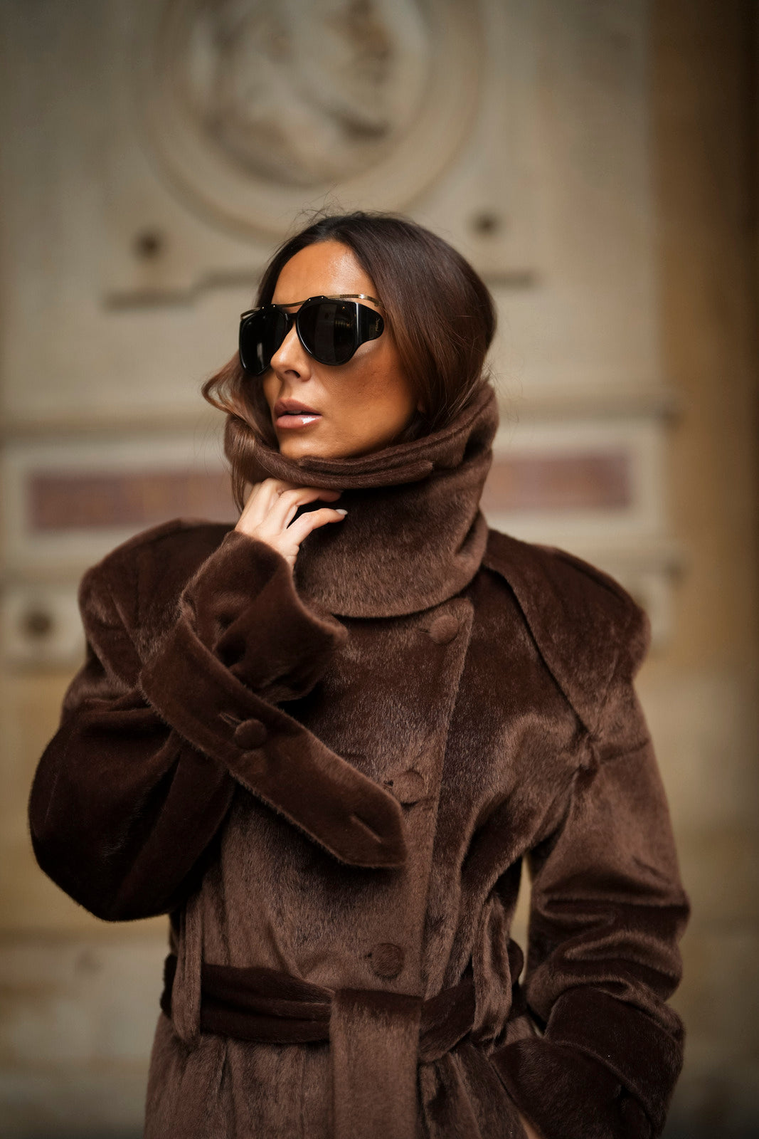 SOPRABITO LUNGO IN LANA RASATA MARRONE