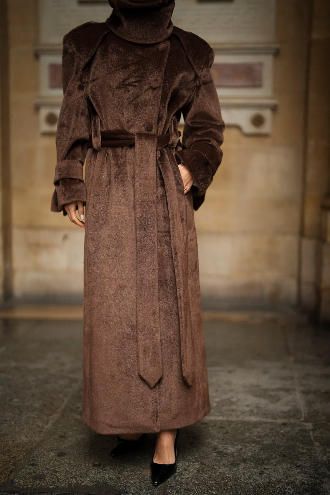 SOPRABITO LUNGO IN LANA RASATA MARRONE