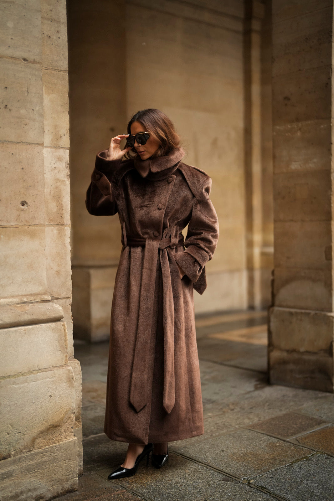 SOPRABITO LUNGO IN LANA RASATA MARRONE