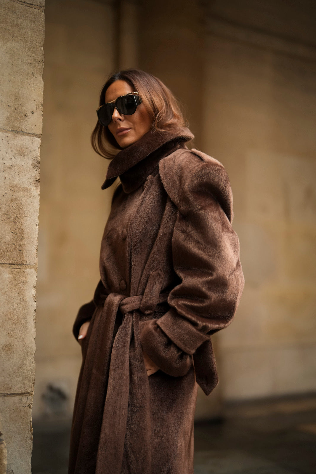 SOPRABITO LUNGO IN LANA RASATA MARRONE