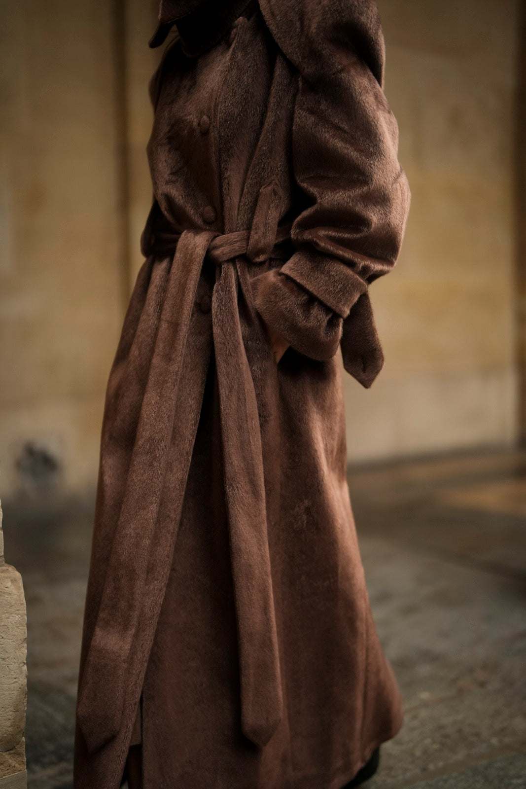 SOPRABITO LUNGO IN LANA RASATA MARRONE