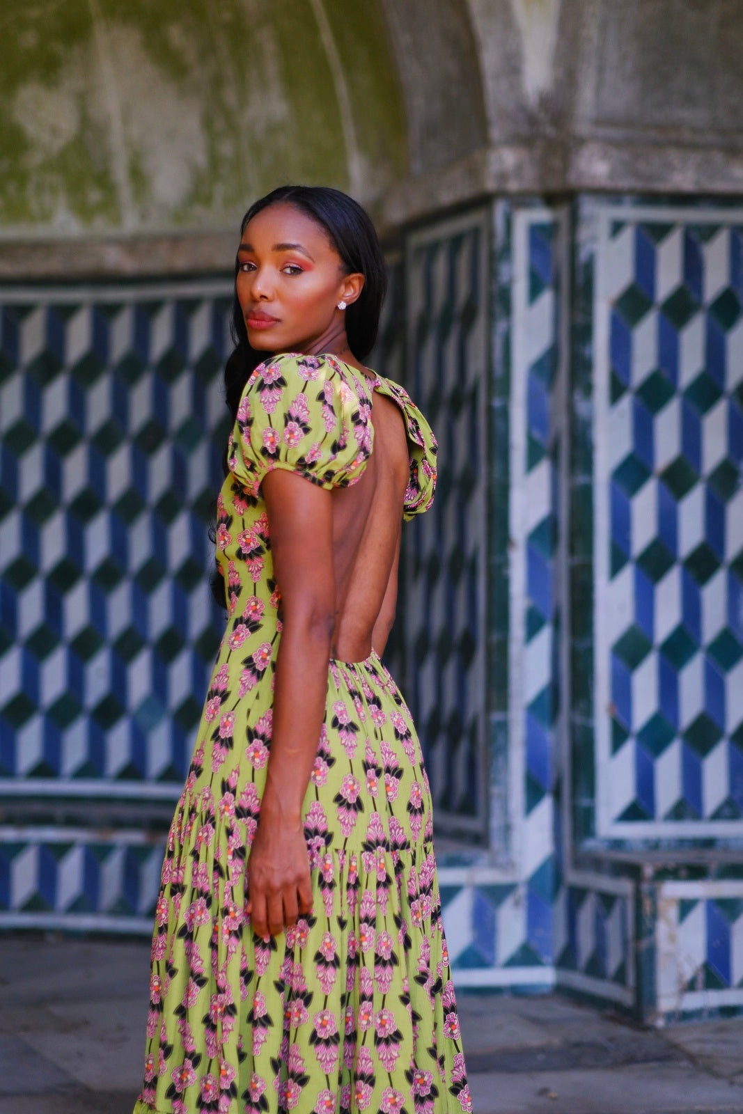 GREEN LONG DRESS WITH FLORAL PRINT