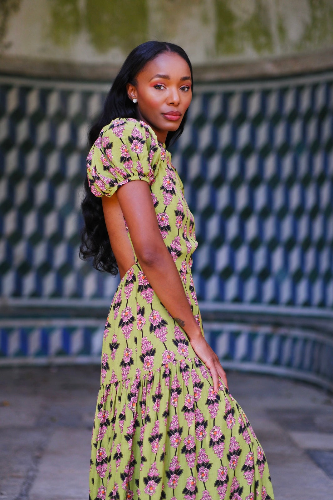 GREEN LONG DRESS WITH FLORAL PRINT