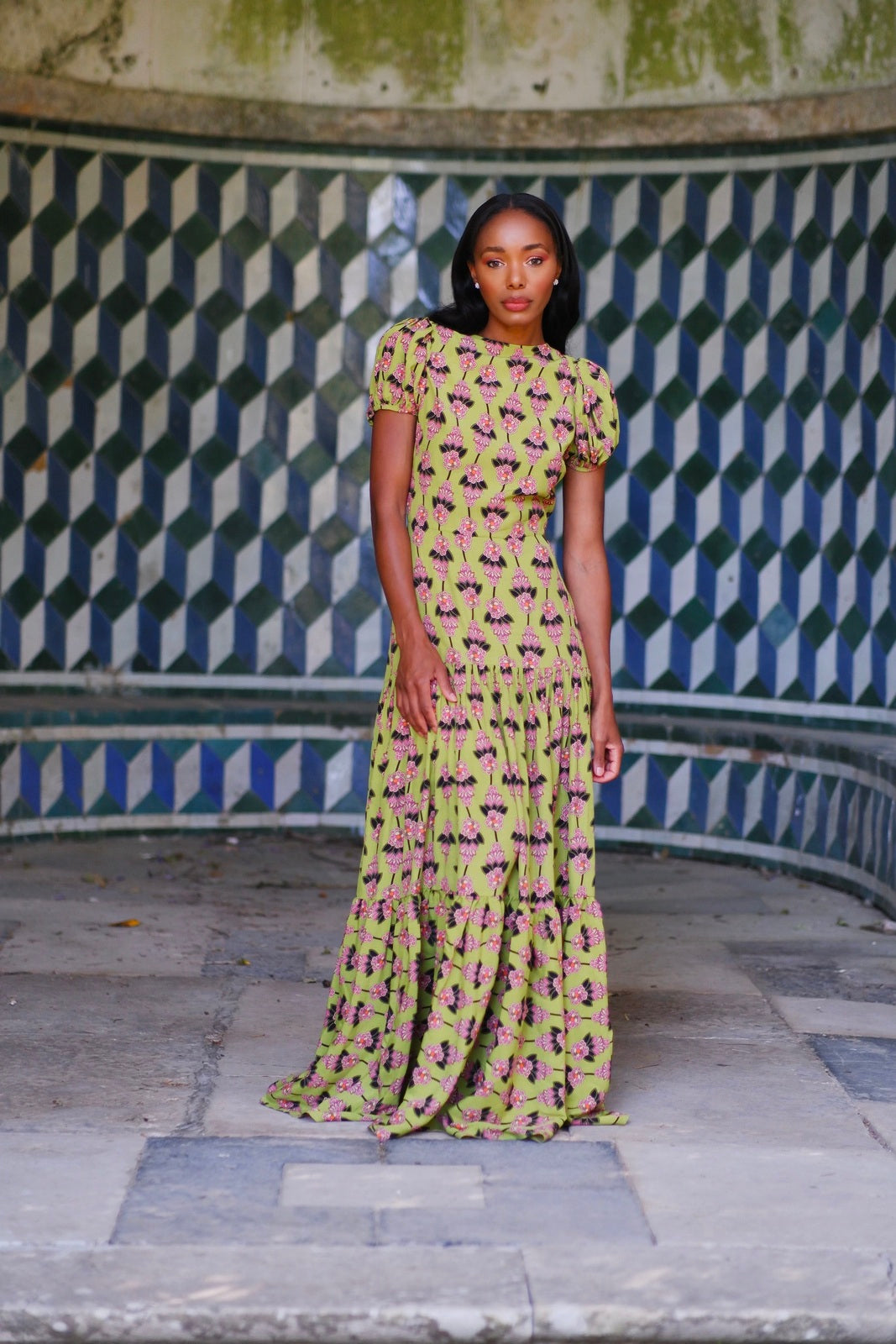 GREEN LONG DRESS WITH FLORAL PRINT