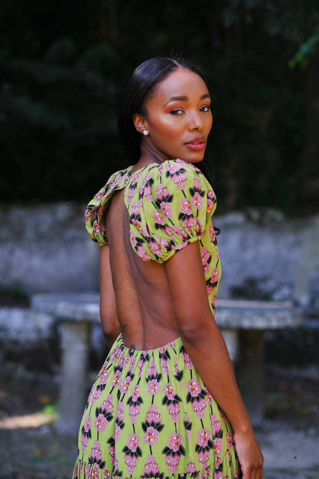 GREEN LONG DRESS WITH FLORAL PRINT