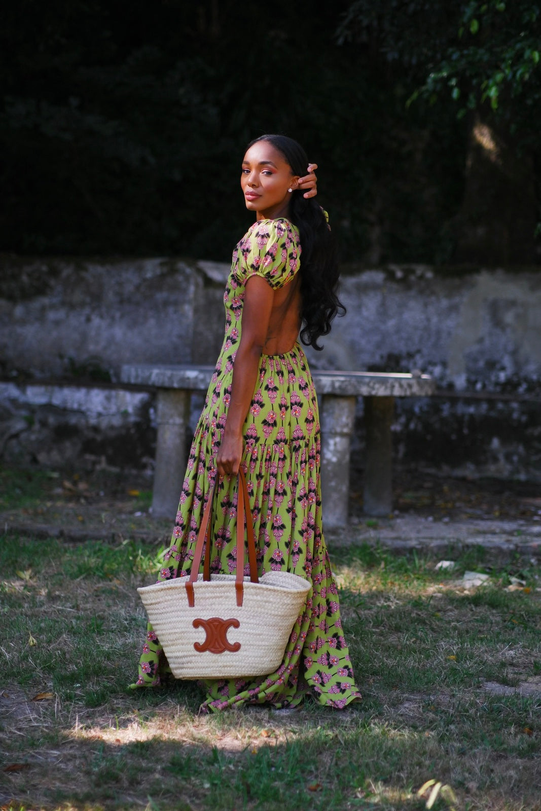 GREEN LONG DRESS WITH FLORAL PRINT