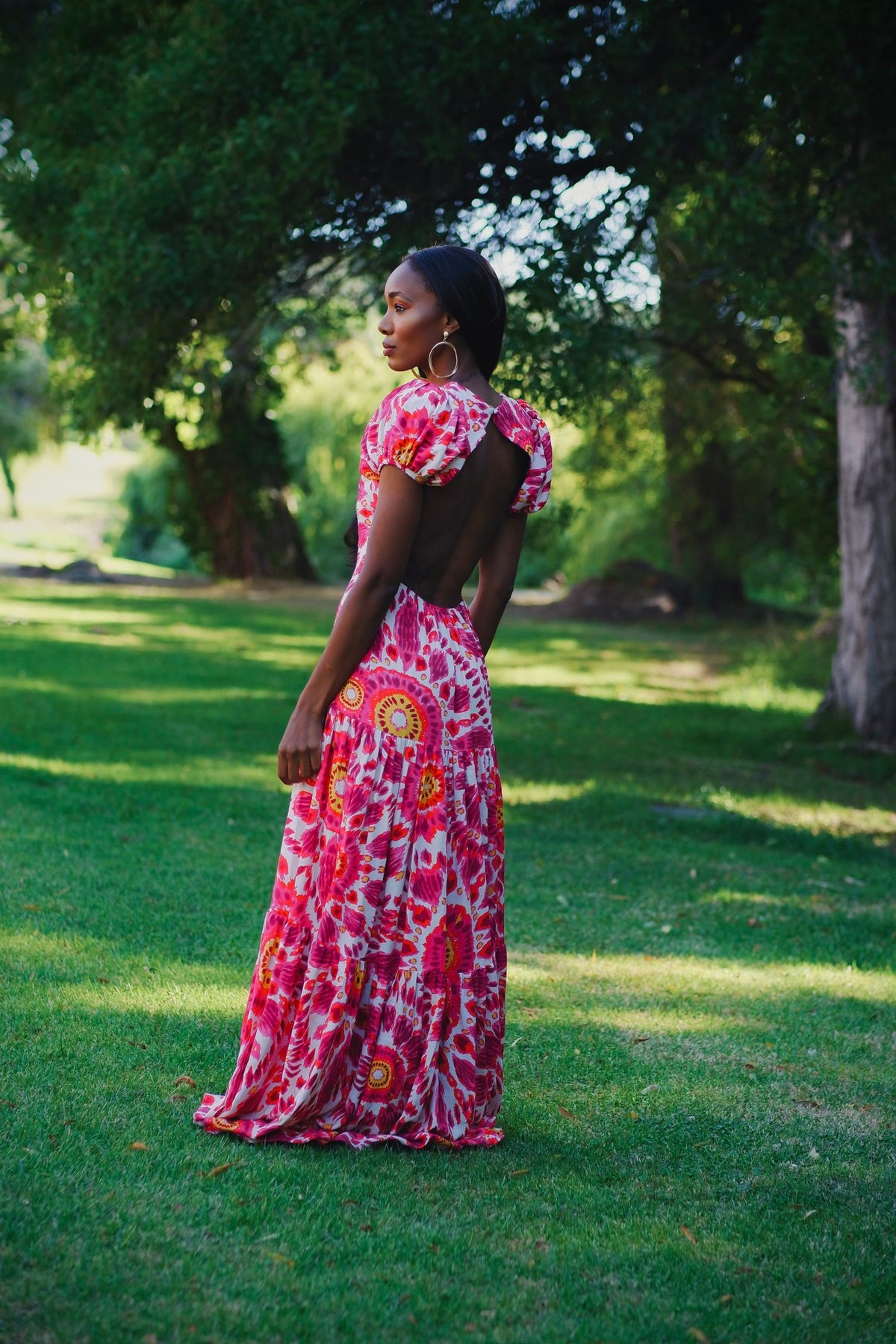 VESTIDO ROSA COMPRIDO COM ESTAMPADO FLORAL