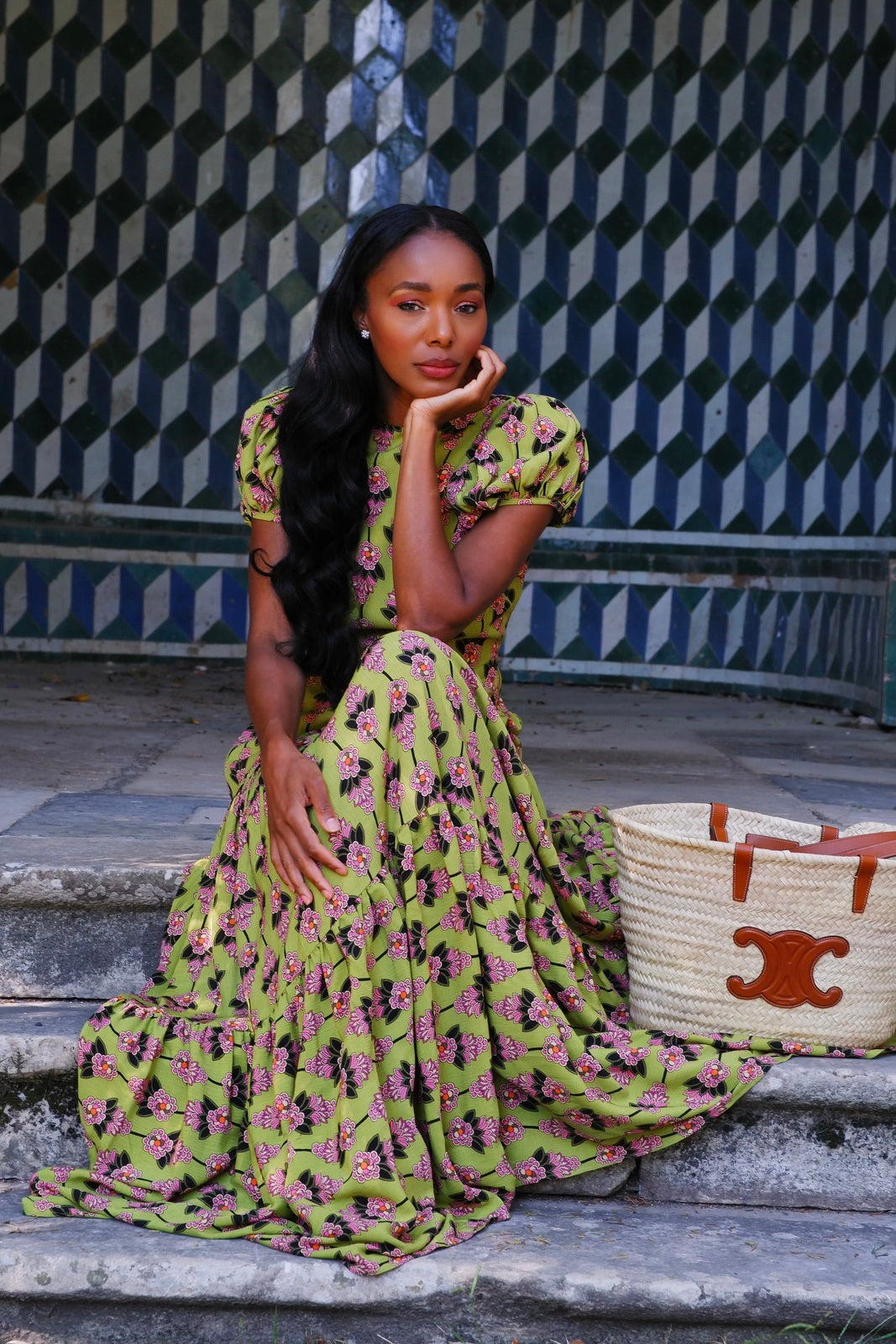 GREEN LONG DRESS WITH FLORAL PRINT