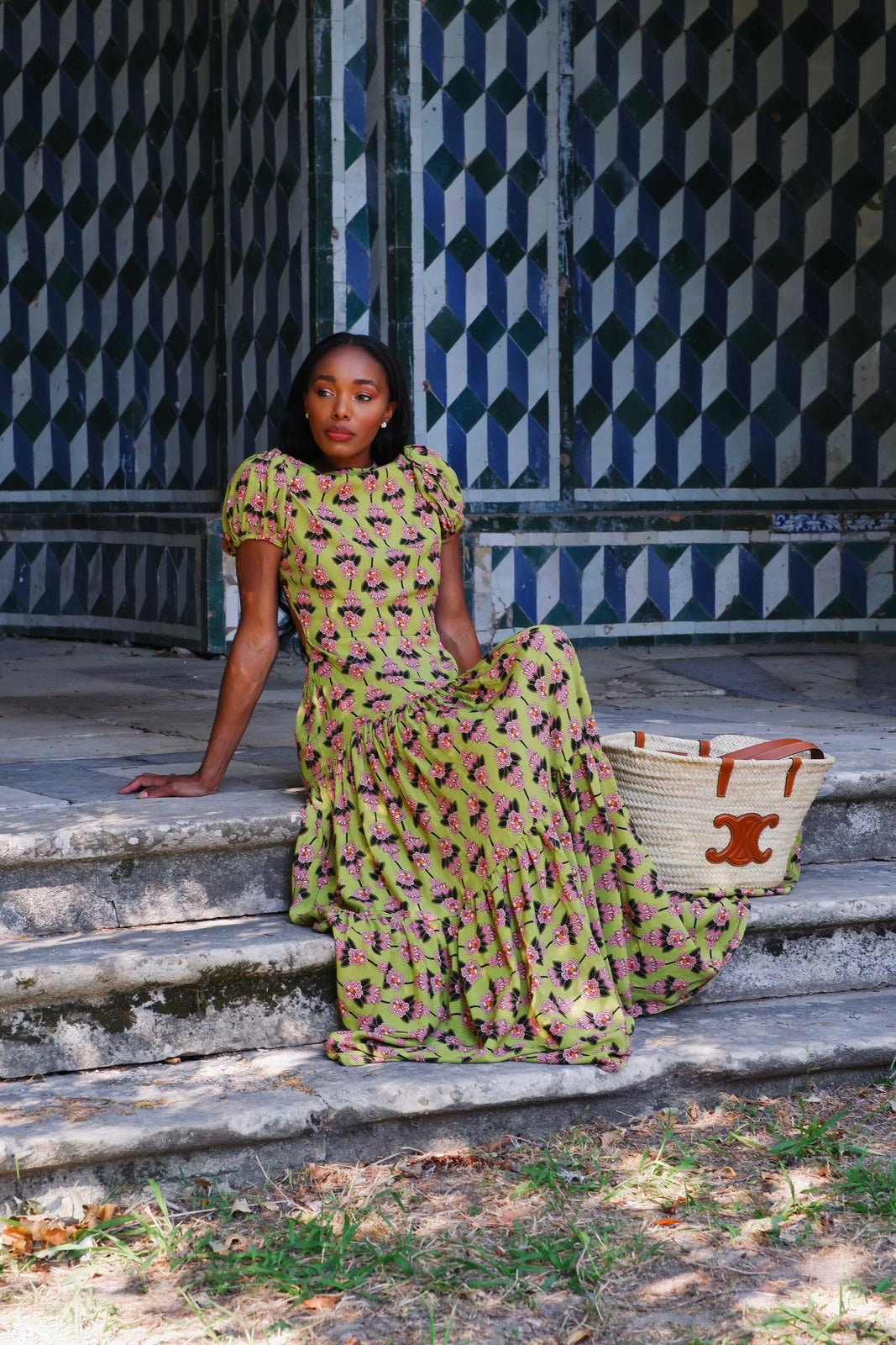 GREEN LONG DRESS WITH FLORAL PRINT