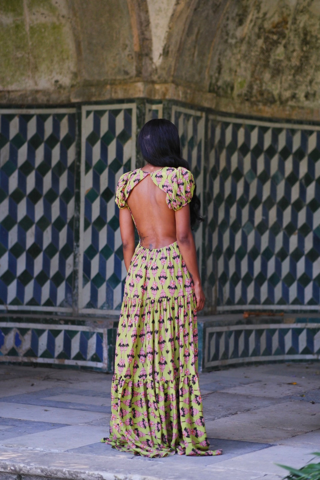 GREEN LONG DRESS WITH FLORAL PRINT