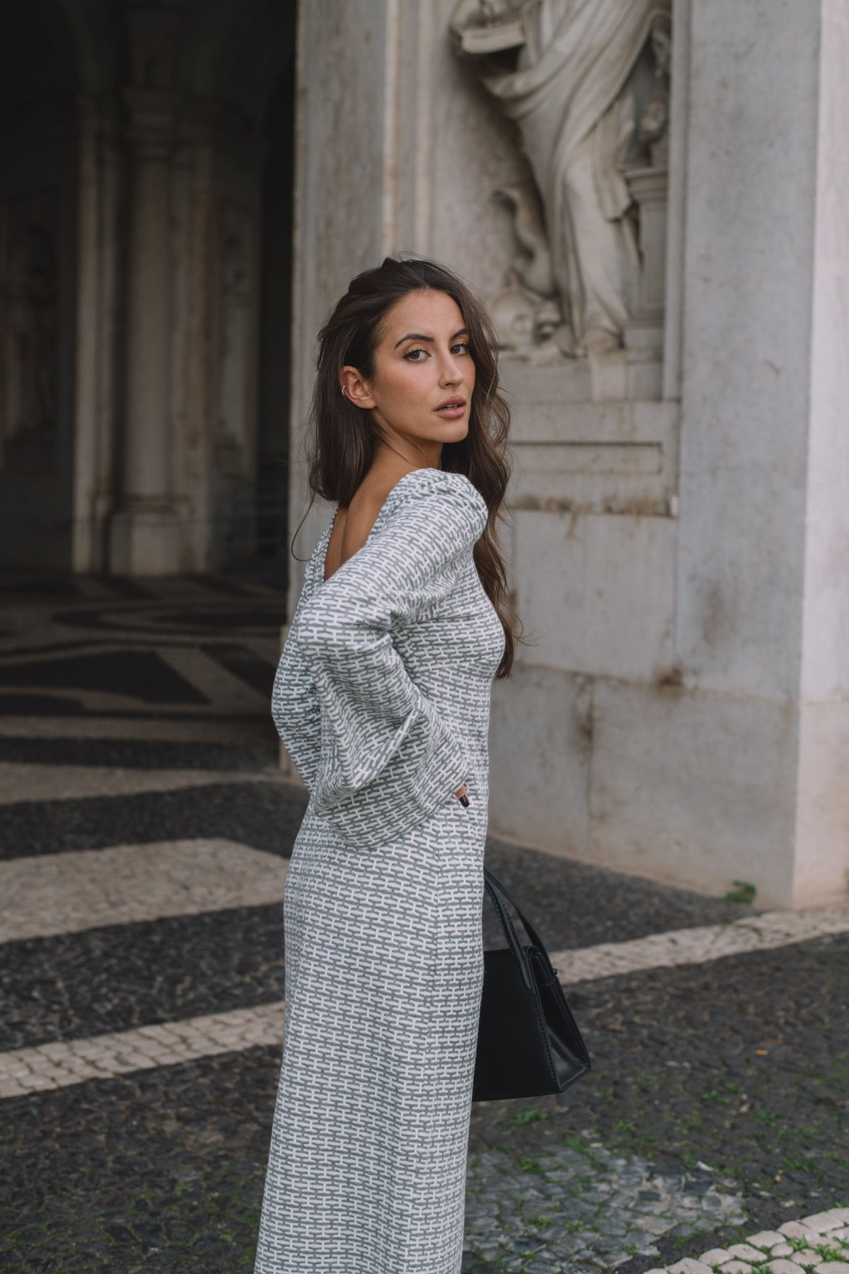 GRAY AND WHITE LONG DRESS
