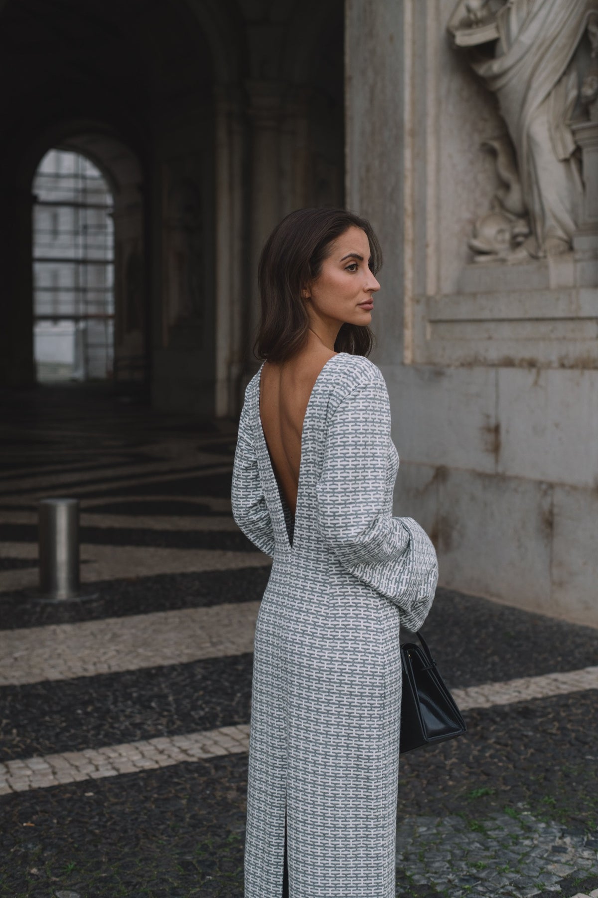 GRAY AND WHITE LONG DRESS