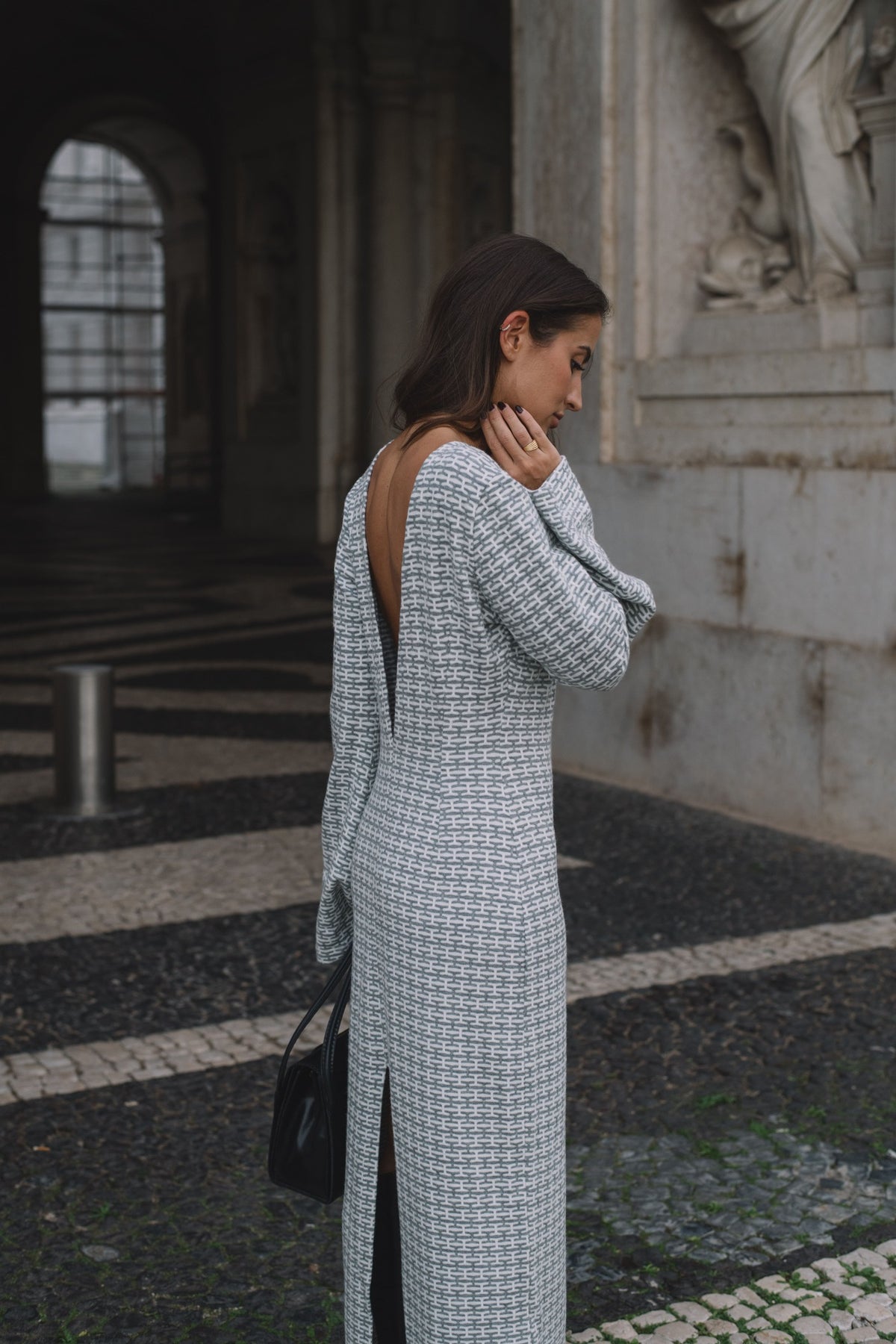 GRAY AND WHITE LONG DRESS