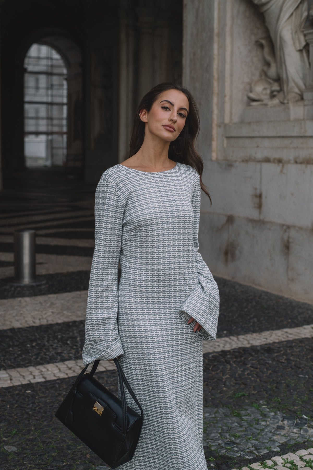 GRAY AND WHITE LONG DRESS