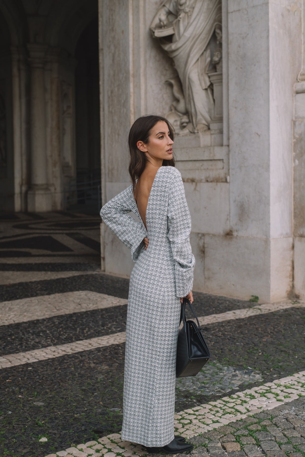 GRAY AND WHITE LONG DRESS