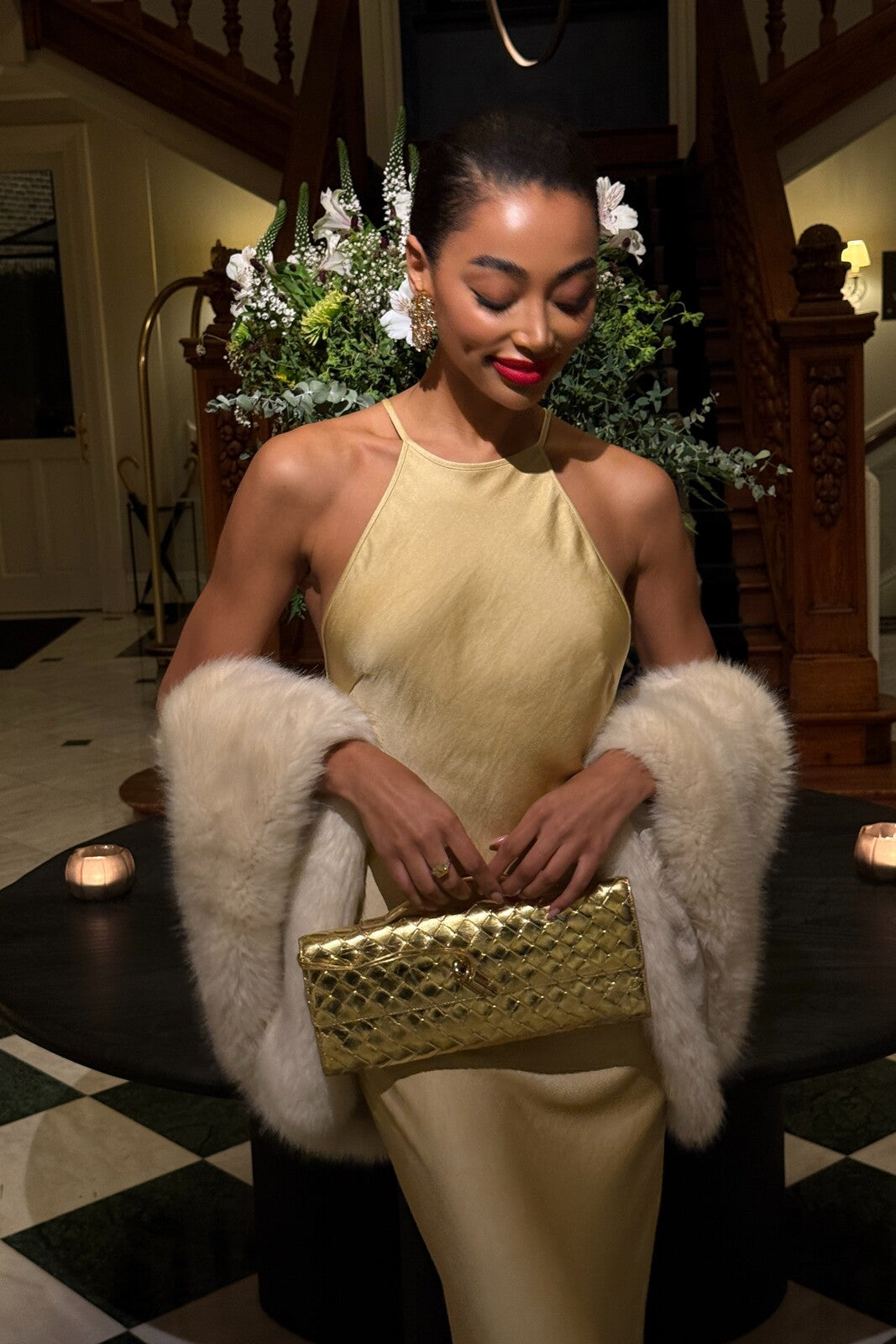 GOLD LONG DRESS WITH BACK EMBELLISHMENT