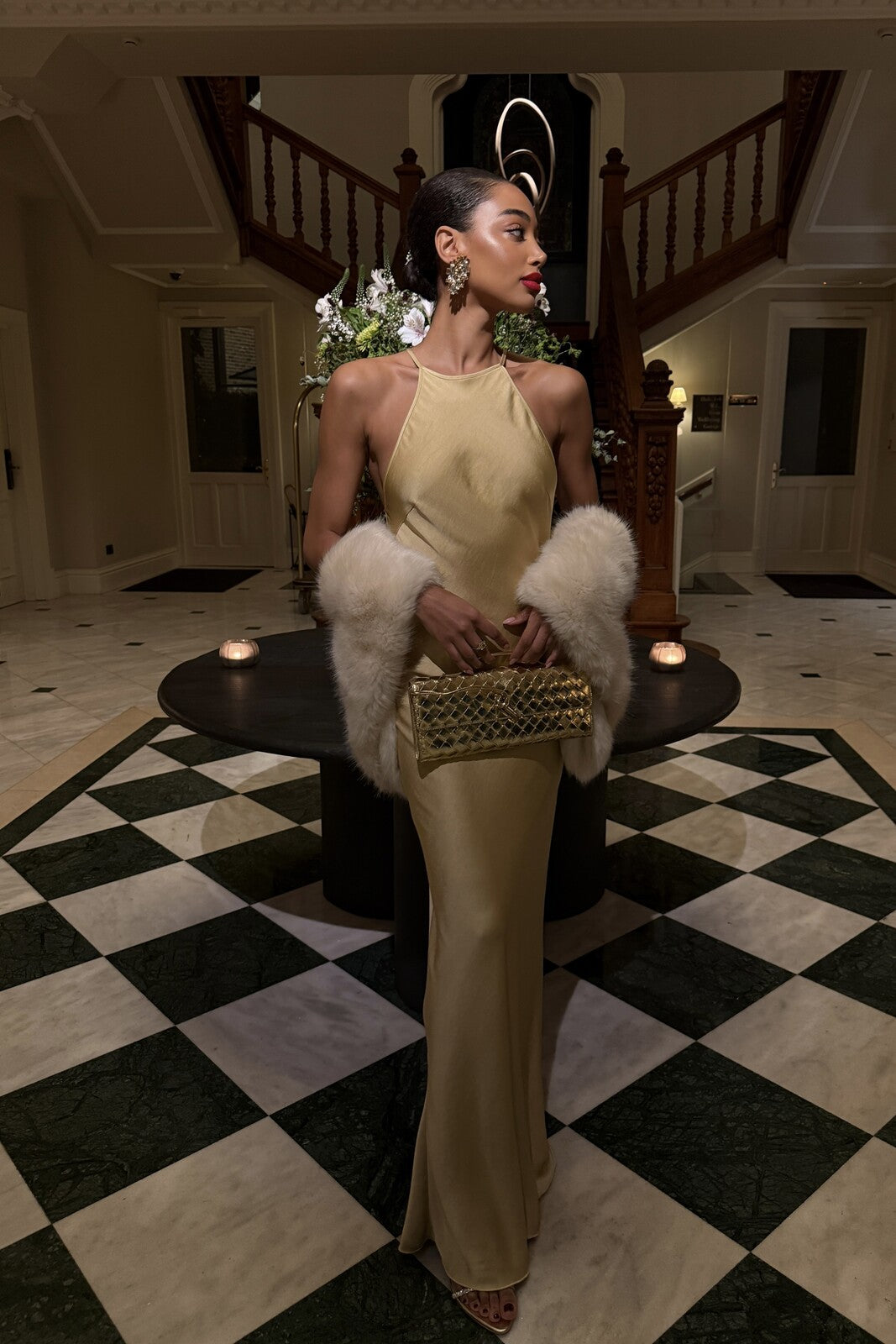 GOLD LONG DRESS WITH BACK EMBELLISHMENT