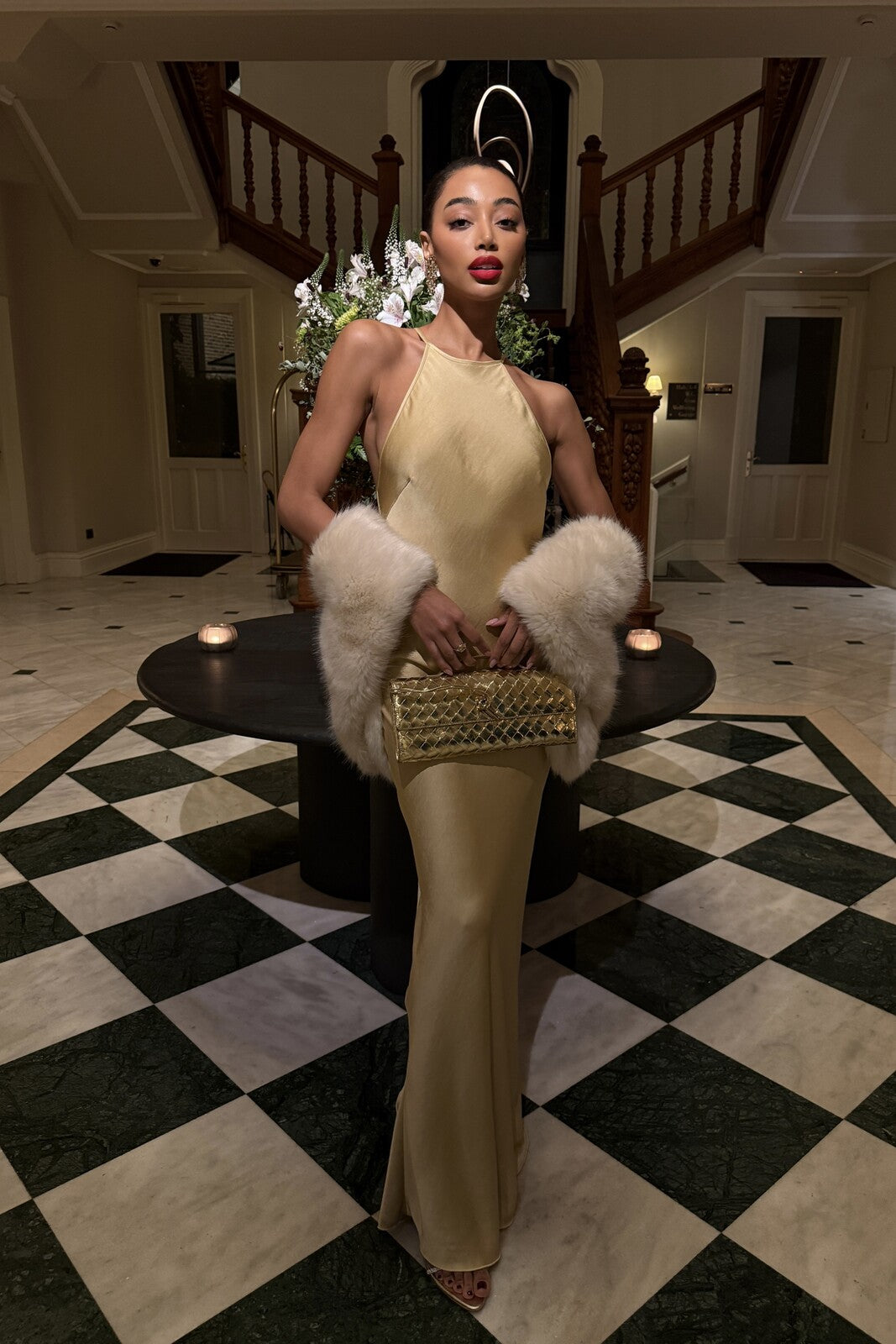 GOLD LONG DRESS WITH BACK EMBELLISHMENT