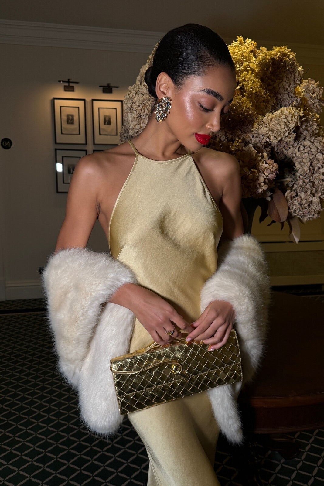 GOLD LONG DRESS WITH BACK EMBELLISHMENT