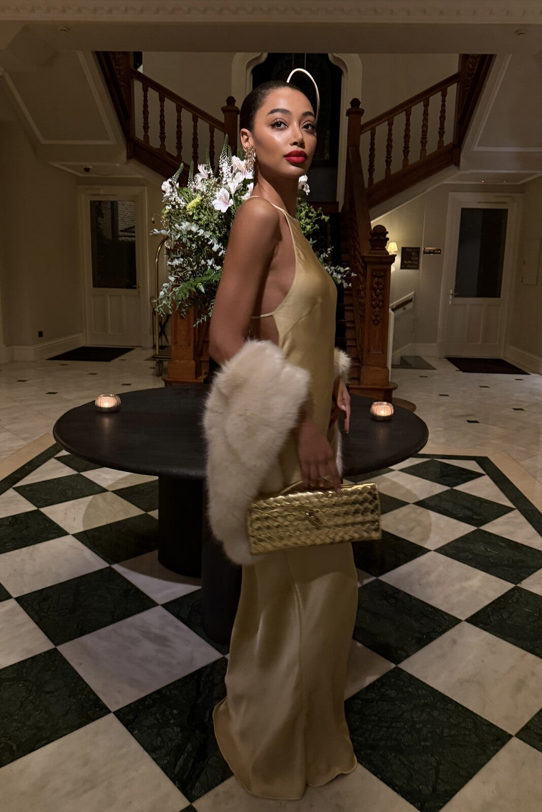 GOLD LONG DRESS WITH BACK EMBELLISHMENT