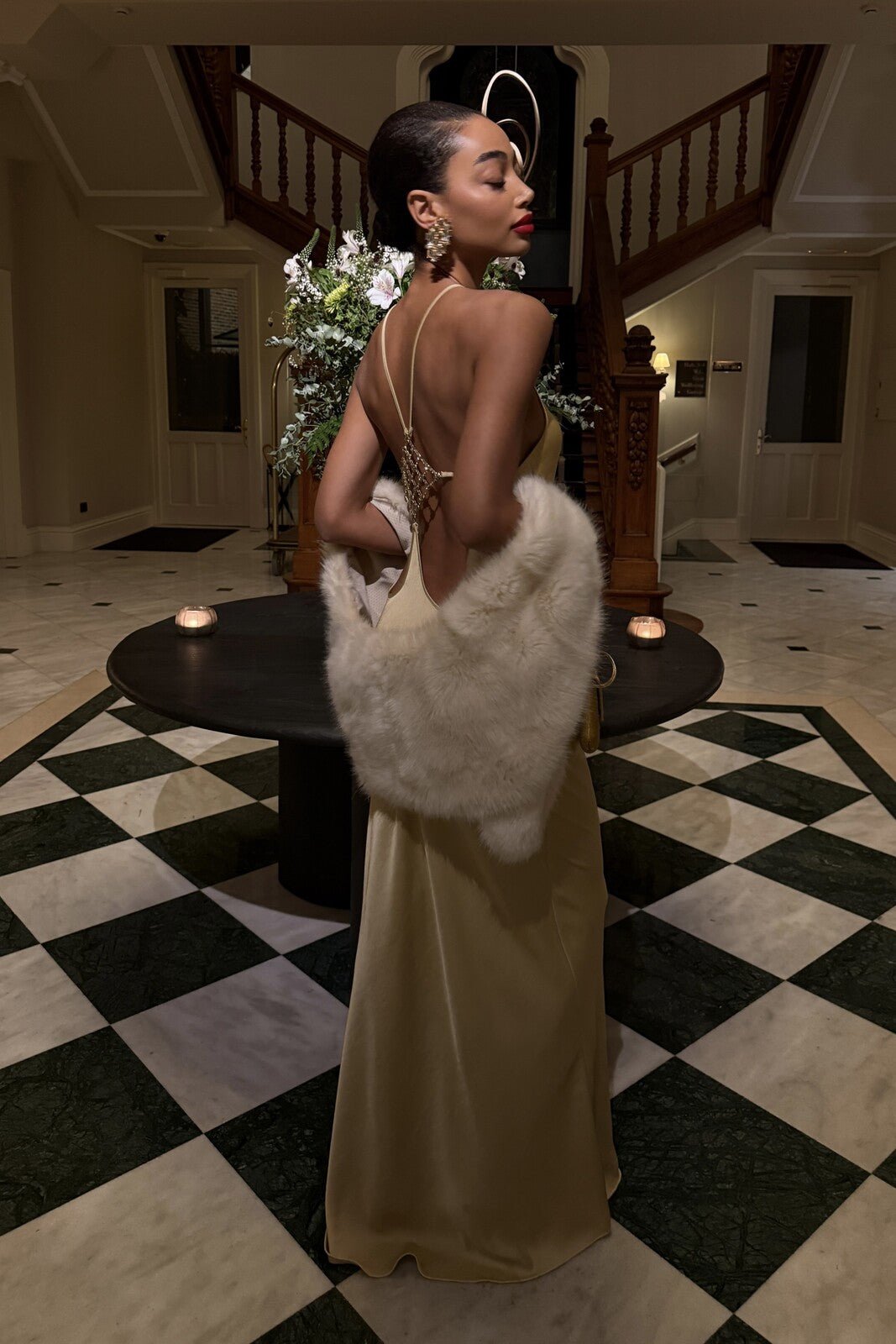 GOLD LONG DRESS WITH BACK EMBELLISHMENT