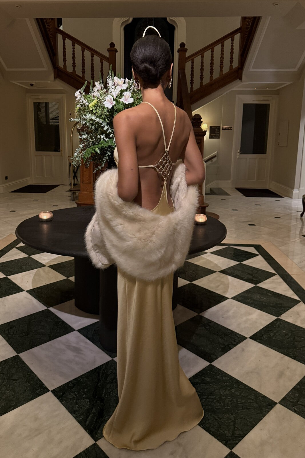 GOLD LONG DRESS WITH BACK EMBELLISHMENT