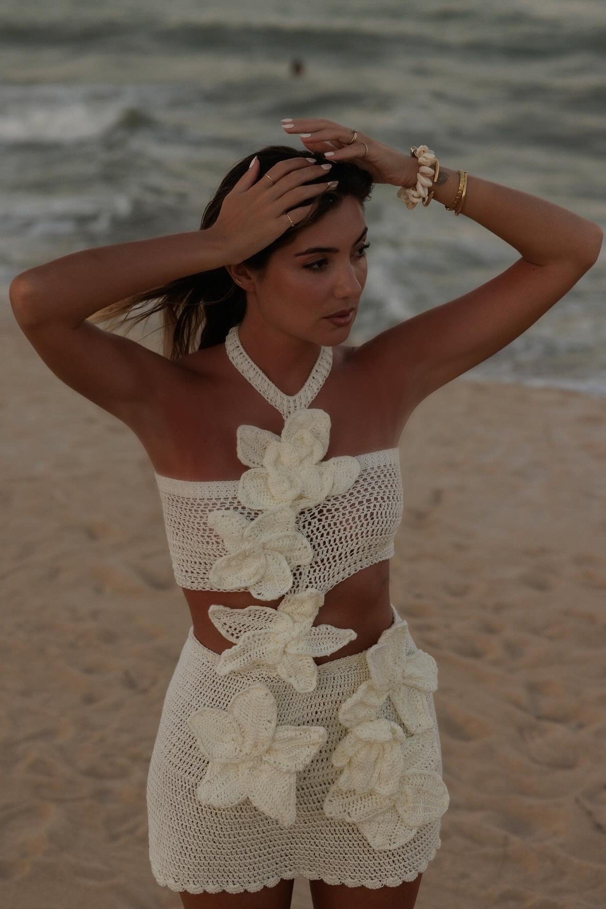 WHITE HANDMADE DRESS WITH KNITTED FLOWERS